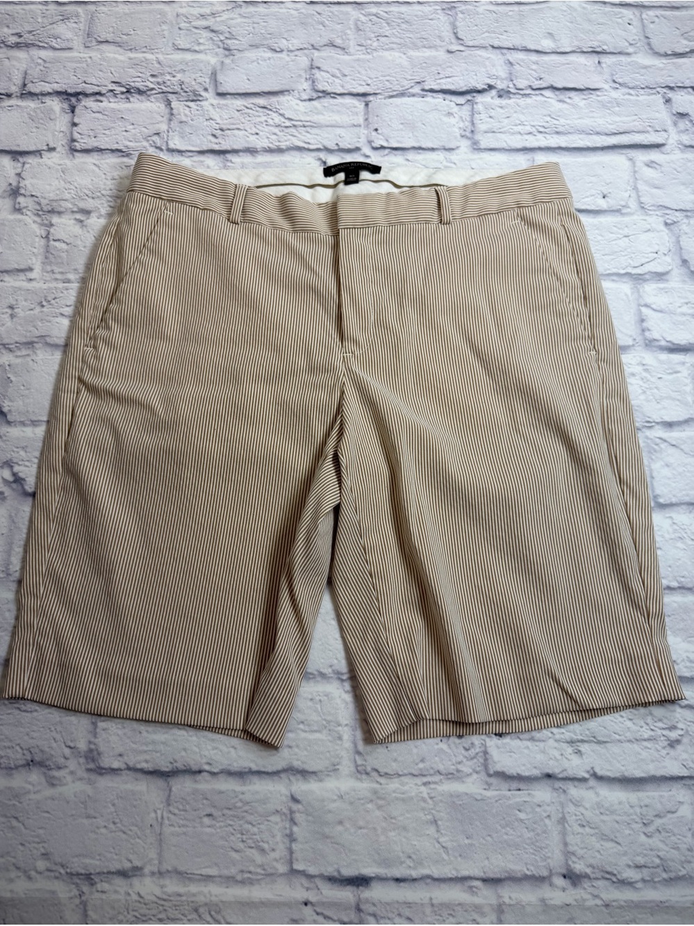 Banana Republic Tan & White Pinstripe Bermuda Shorts. Size 10.